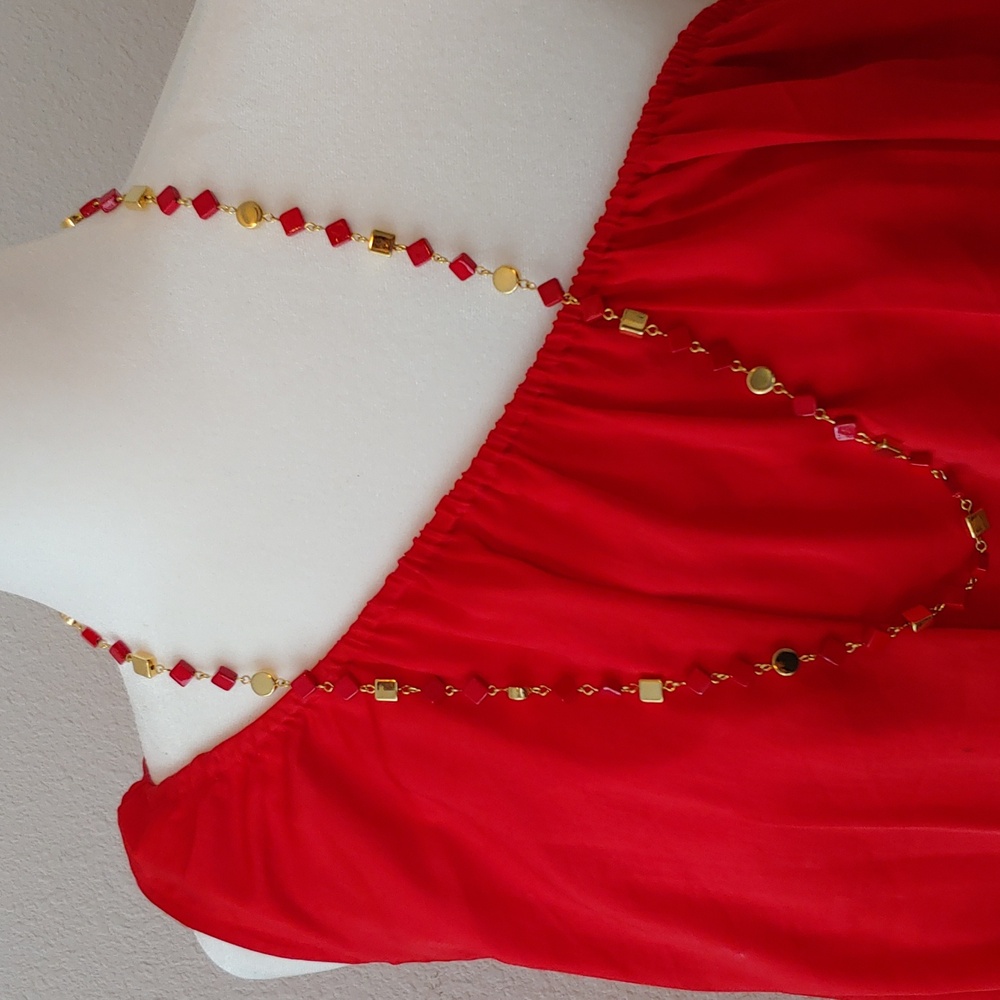 Fashion Beaded Geometric Women's Necklace in Red and Gold size 32 inches